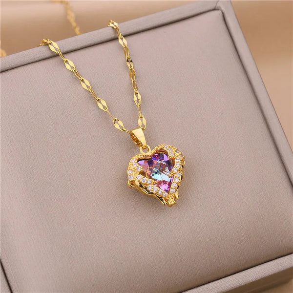 fashion heart shape titanium steel copper plating inlay artificial diamond pendant necklace 1 piece