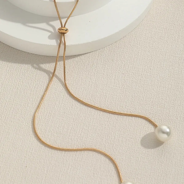 Geometric Long Necklace for Women with Imitation Pearl Pendant, Waterproof Non Tarnish Titanium Steel, Electroplated Snake Chain