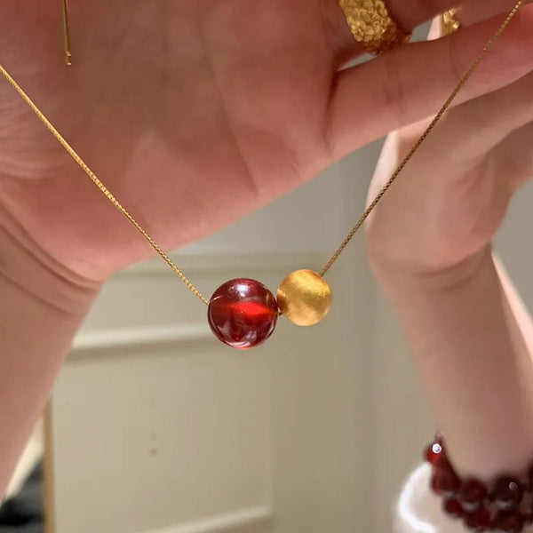 Red Pomegranate Women's Gemstone Necklace Light Gold Matte Bead Design Geometric Copper Chain Jewelry for Women