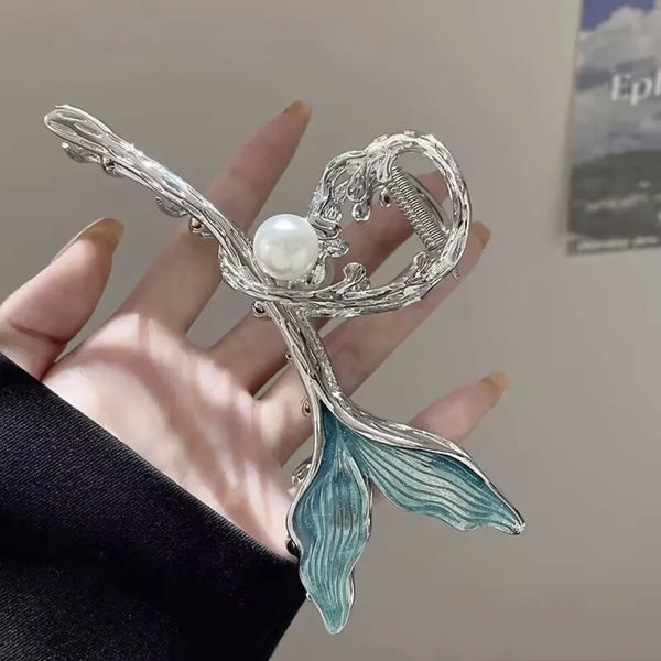 Blue Ocean ~ New Fishtail Pearl Grab Clip Large Temperament Hair Clip Exquisite Small High-grade Shark Clip