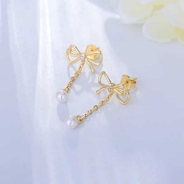 Super Fairy Tassel Bow Pearl Earrings Women's Elegant Light Luxury High-Grade Sterling Silver Plated 14K Real Gold Earrings  Ear Rings