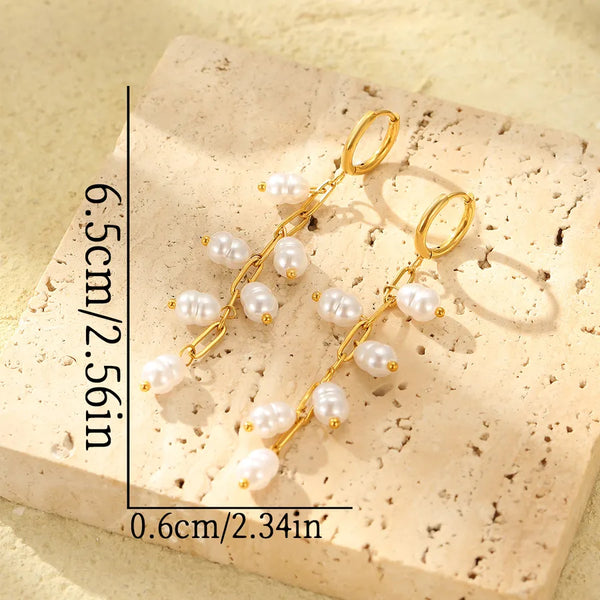 1 Pair Temperament 18K Real Gold Stainless Steel Imitation Pearl Tassel Long Earrings Earrings Women's Daily Holiday Earrings