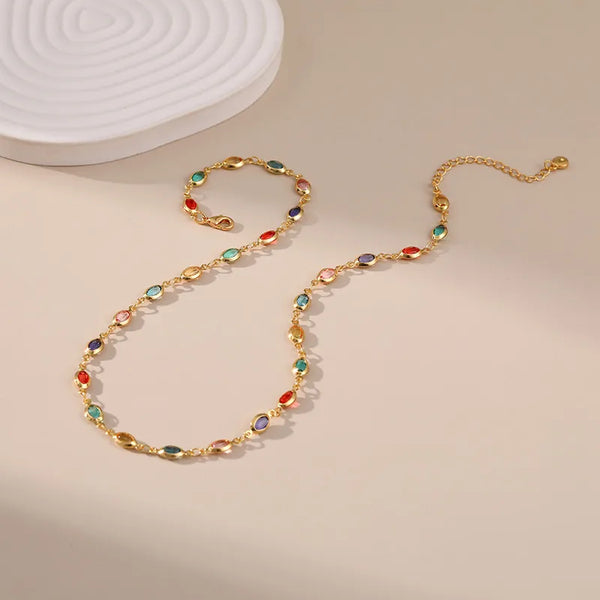 Wholesale Bohemian Classic Style Geometric Copper Plating Inlay 18K Gold Plated Glass drill Necklace