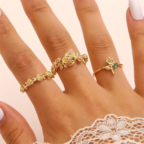 Rose Pattern Women’s Ring with Bezel Setting, PVD Coated Copper and KC Golden Plated, Featuring Artificial Gemstones