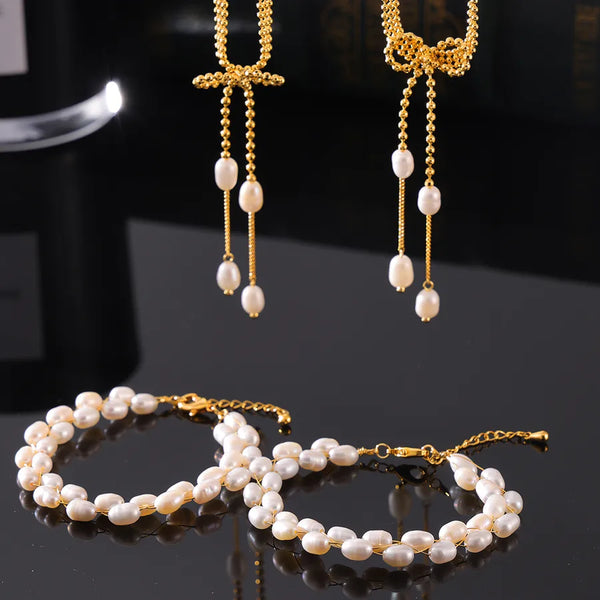 Freshwater Pearl Copper 18K Gold Plated IG Style Elegant French Style Beaded Layered Plating Round Oval Bracelets Necklace