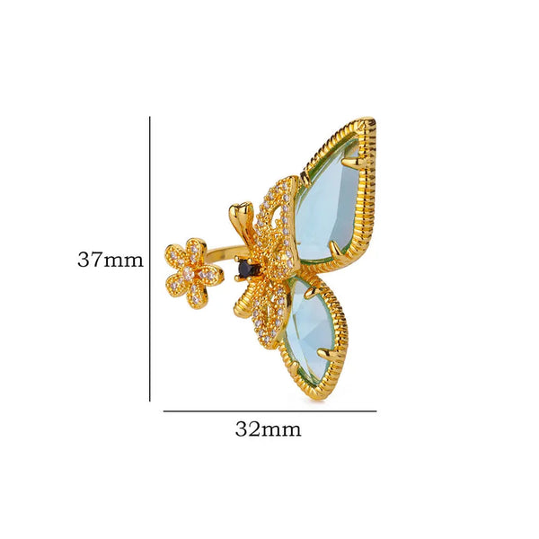 Hot Selling Shiny Zircon Butterfly Series Open Ring 18K Gold Plated Butterfly Pattern Elegant Couple Accessories for Attending Banquets, Parties, Weddings, Jewelry Trend