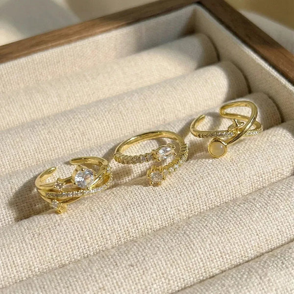 For Women Open Copper Rings Featuring Zircon Inlay in Elegant Golden Color