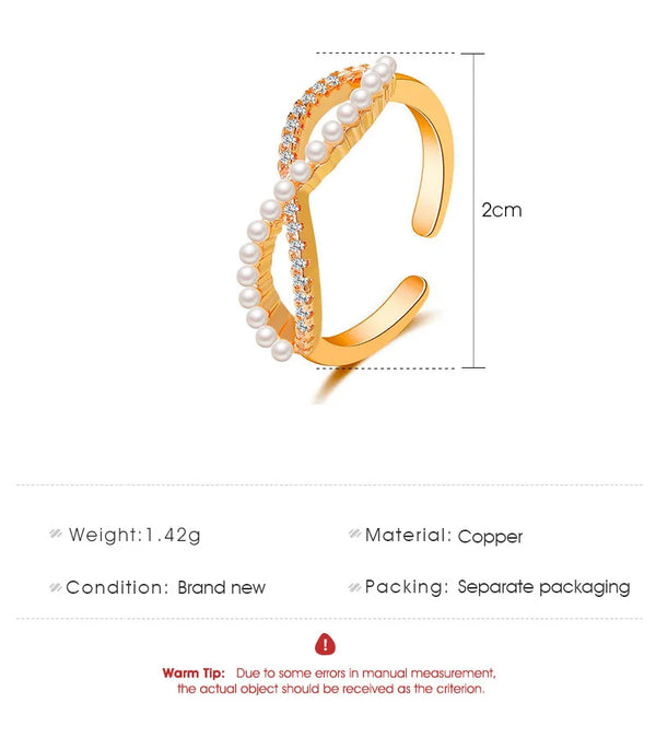 Elegant Pearl Crossed Infinity Symbol Open Ring For Women Simple Wrapped Ring Stylish Personality Copper Jewelry Accessory