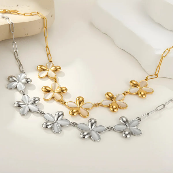 Style Fashion Flower Cat's Eye Stone 304 Stainless Steel Necklace for Women Exaggerated Niche Design Sense Collarbone Chain Wholesale Lobster Clasp Vacuum Electroplating 18K Real Gold Plated