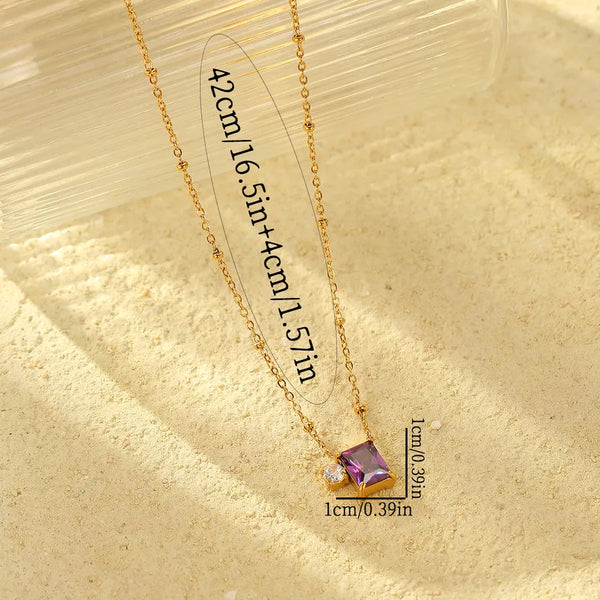 An Elegant 18K Real Gold Stainless Steel Purple Rectangular Zircon Necklace Suitable for Women's Daily Wear