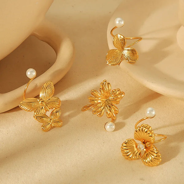 Wholesale Jewelry Vintage Style French Style Leaf Flower Butterfly 304 Stainless Steel Artificial Pearls Zircon 18K Gold Plated Plating Inlay Open Rings