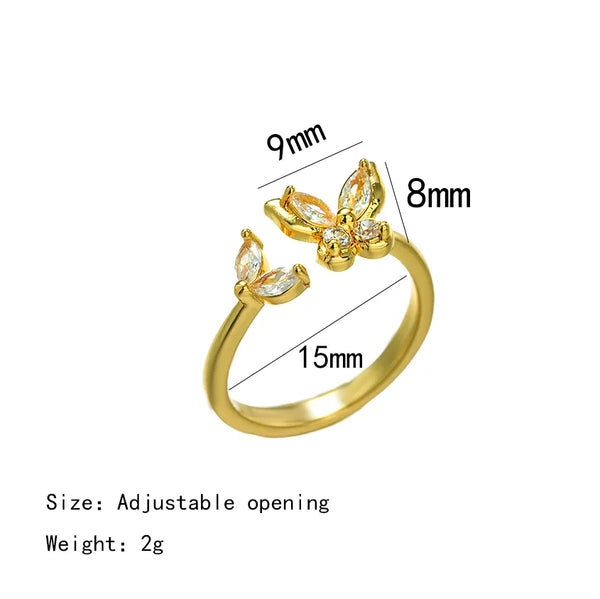 Women's Brass 18K Gold Plated K Gold Plated Butterfly Zircon Open Rings Brass Jewelry