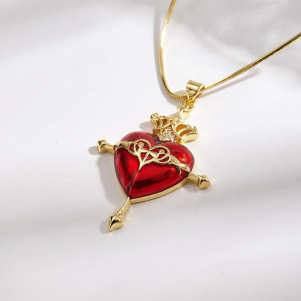 Hip-Hop INS Style Copper Color Retention Electroplated Gold Micro-Inlaid Zircon Colorful Oil Drop Cross Flower Light Heart Necklace