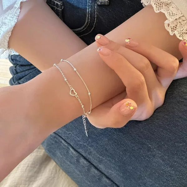 S925 Sterling Silver Double Layered Bracelet For Women Minimalist Versatile Simple Design Geometric Pattern Hand Jewelry