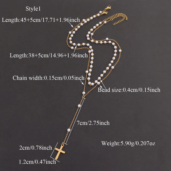 2-Piece Set Classic Fashion Cross Pendant Clip Pearl Chain Women's Necklace Suit Multi-Layer Design Exquisite Gifts