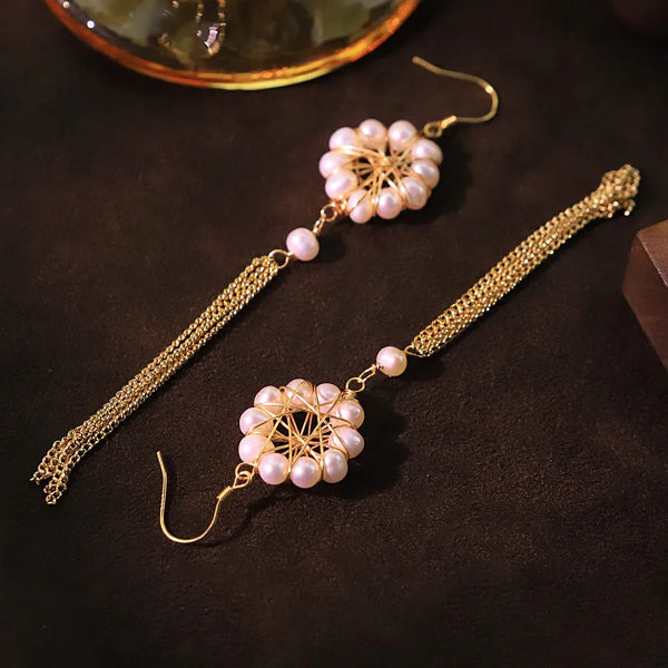 Original Natural Pearl Flower Chain Sterling Silver Ear Hook Earrings for Women, Light Luxury Studs, High-end Versatile Handmade Earrings, 18K Gold Plated