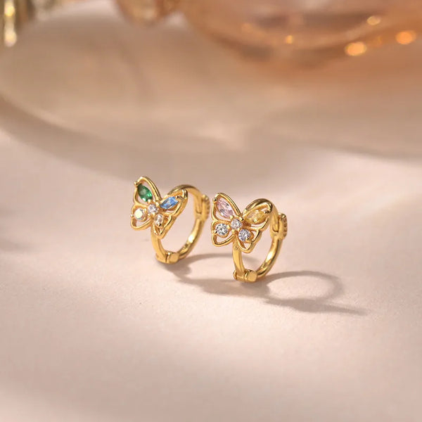 Luxurious Golden Butterfly Stud Earrings for Women in 925 Sterling Silver with Artificial Diamond Inlay