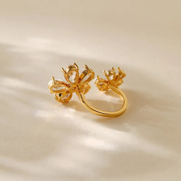 Copper 18K Gold Plated Inlay Flower Zircon Open Rings