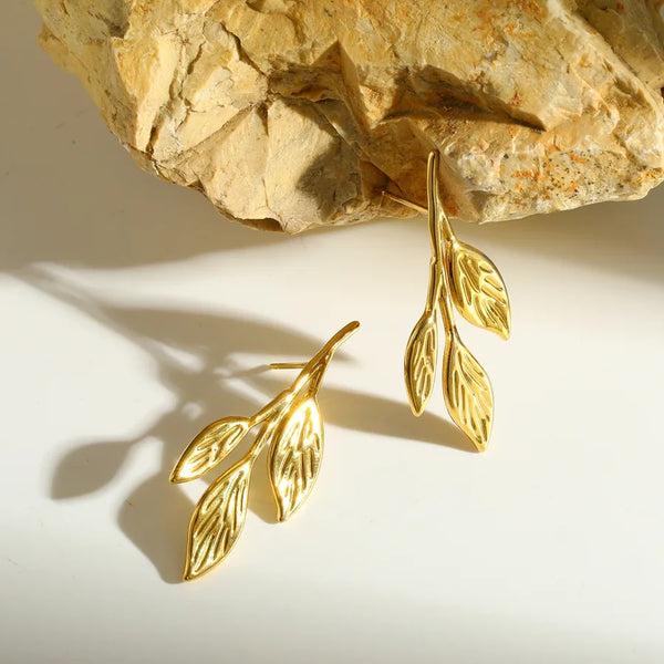 Electroplated Leaves Stud Earrings in 18K Real Gold Plated 304 Stainless Steel with 0.03µm PVD Coated Thickness