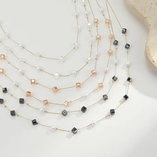 Sweater Chain Elegant Jewelry Natural Stone Handmade Beaded Design Titanium Steel Necklace Jewelry 18K Gold Plated