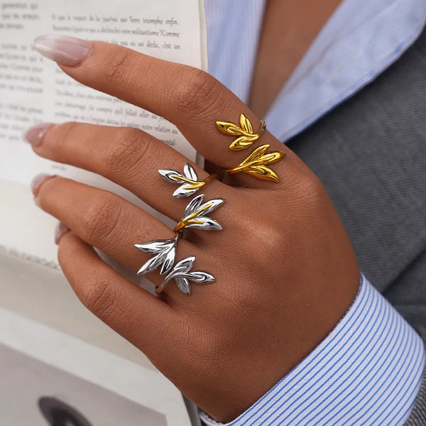 18K Gold Plated 304 Stainless Steel Vintage Leaf Open Ring for Women Jewelry Gift