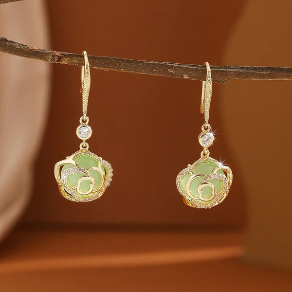 Personalized Design Small Fragrance Style Elegant Versatile Women Simple Fashion Inlaid Zircon Multi-color Rose Flower Ear Hook Cat's Eye Stone Earrings