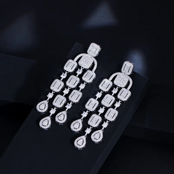 1 pair luxurious shiny round square water droplets tassel plating inlay copper zircon rhodium plated silver plated drop earrings