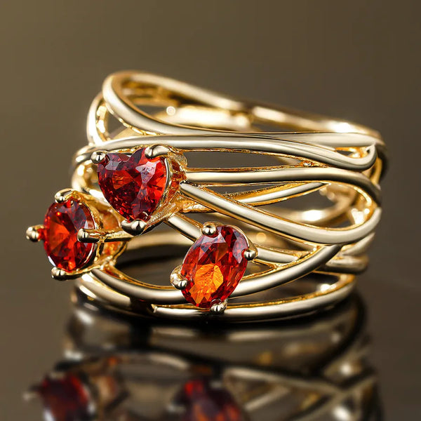 Geometric Copper Ring with Claw Setting, KC Golden Plated Water Plating, Featuring 0.03µm Thickness and Zircon Inlay