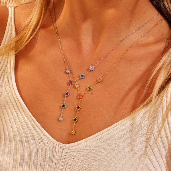 Style Flower Inlaid Colorful Zircon 304 Stainless Steel Necklace Y-Chain Fashion High-End Jewelry Wholesale