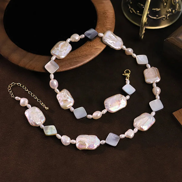 Handmade Geometric Necklace for Women with Freshwater Pearl and 18K Real Gold Plated Water Plating on Cable Chain