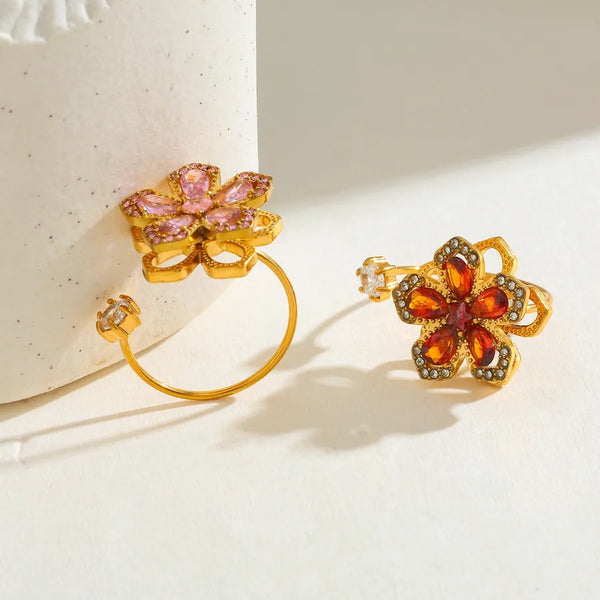 304 Stainless Steel Vacuum Electroplating (In Furnace) Plated 18K Real Gold Zircon Rotatable Flower Open Ring