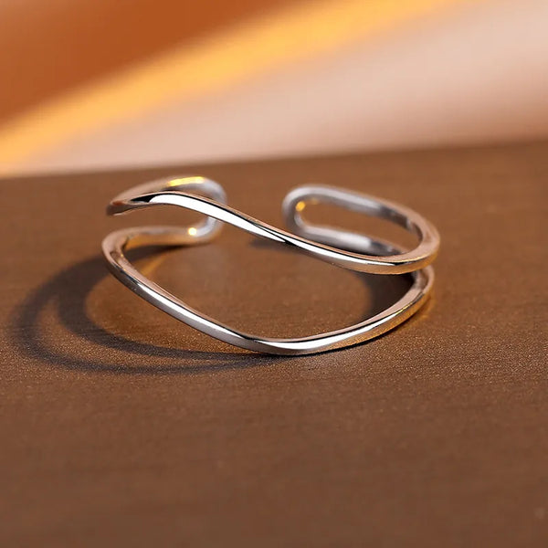 S925 Silver Double Layer Line Ring For Women Minimalist Geometric Curve Hollow Out Open Finger Ring Simple Style Jewelry