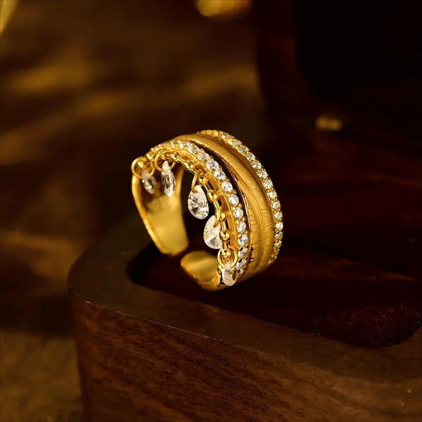 Geometric Open Ring for Women in 925 Sterling Silver with 18K Real Gold Plating 0.03µm and Zircon Inlay