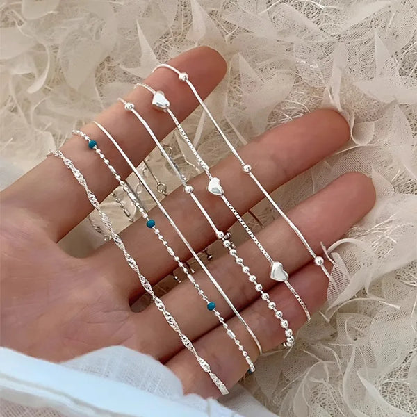 New S925 Sterling Silver Star Heart Blue Beads Bracelet Set Women Simple Daily Bracelet Casual Style Leaf Pattern Anniversary Gift