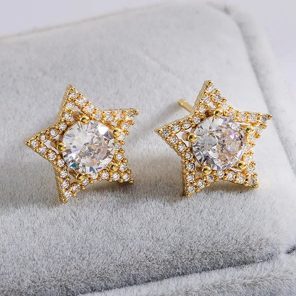 1 pair fashion star flower butterfly inlay copper zircon 18k gold plated ear studs