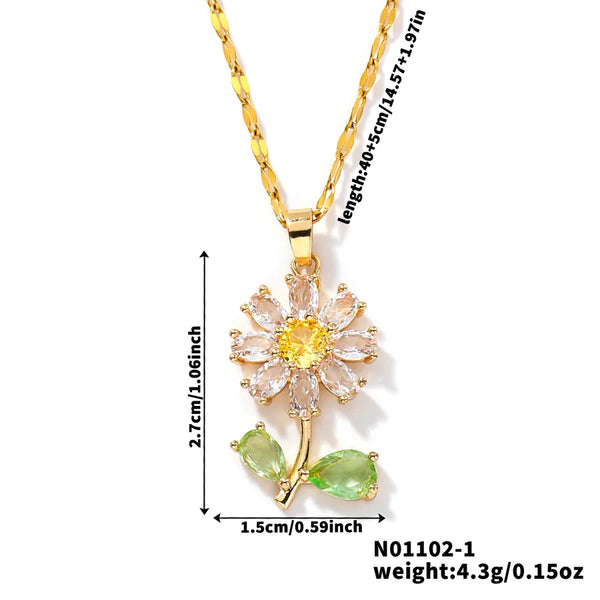 304 Stainless Steel Copper K Gold Plated Inlay Sunflower Zircon Copper Necklaces