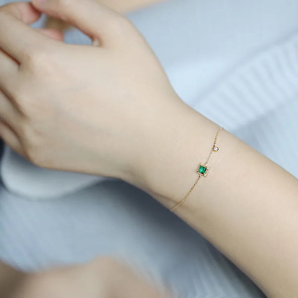 S925 Sterling Silver 14K Gold Plated Women's Bracelet Emerald Simple Square Diamond Vintage Style Luxury Hand Jewelry