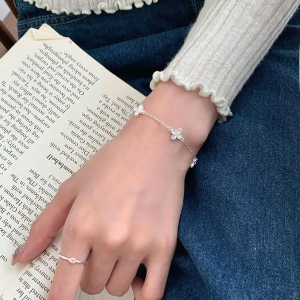 S925 Sterling Silver Four Leaf Clover Bracelet Women's Unique Design Simple Style New Fashion Retro Bohemian Print Jewelry