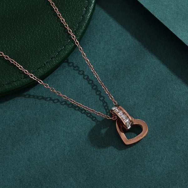 Heart Shape Necklace for Women in Titanium Steel with Rhinestones, Electroplated Finish and Cable Chain