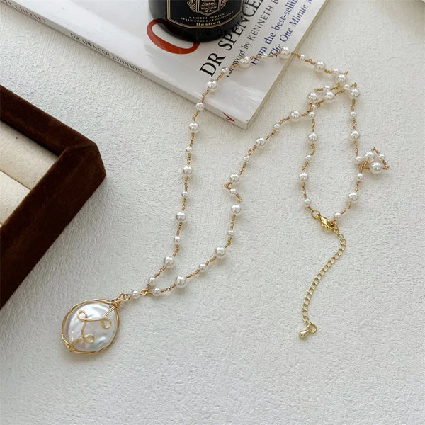 Baroque Style Pearl Sweater Chain Necklace with Beading Craft and Baroque Pearl Inlay, Featuring Acrylic Pendant Material for Women