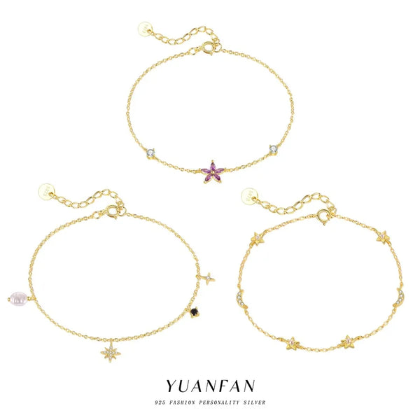 S925 Sterling Silver Silver Diamond Inlaid Flower Bracelet for Women Simple Star Shape Jewelry Accessory