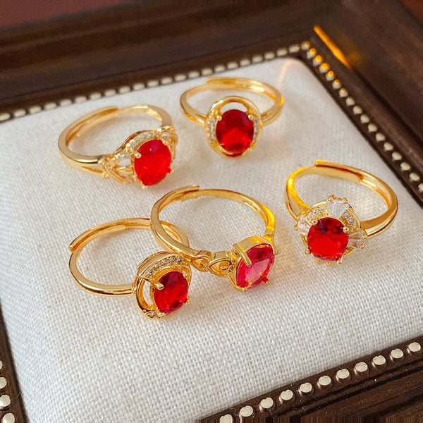 Vintage Oval Open Ring Luxury Versatile High-End Feeling Finger Ring Retro Match All Gold Plating Geometric Pattern Copper Zirconia