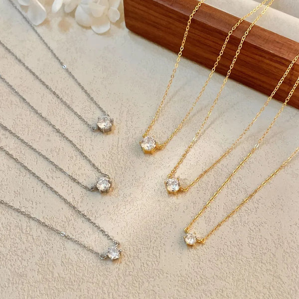 Round Pendant Necklace For Women in 925 Sterling Silver with 18K Real Gold Plated Claw Setting and Diamond Inlay on Cable Chain