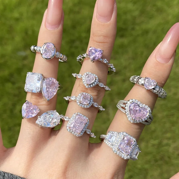 925 Sterling Silver Ring For Women Geometric Pink Versatile Luxury Ice Flower Cut Zircon Light Elegant Silver Finger Ring