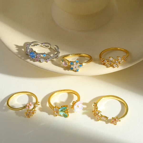 Romantic Luxury Open Ring Set With Zircon Flower Leaf Design 14K Copper Plated Genuine Gold Elegant Fashion Jewelry For Women