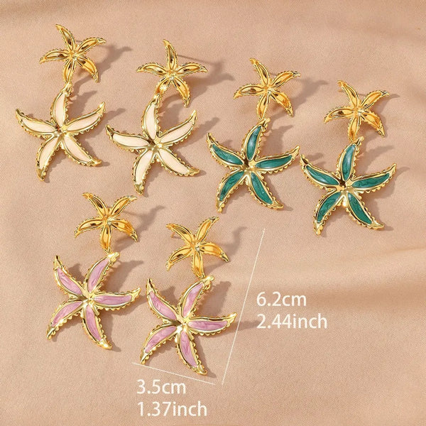 Starfish Stud Earrings in 304 Stainless Steel with Enamel Craft for Hip-Hop Style