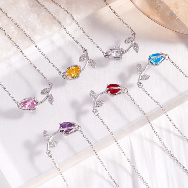 lady tulip stainless steel copper plating inlay zircon 18k gold plated necklace