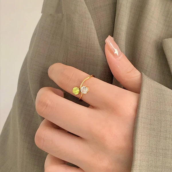 Geometric Wave Dual Color Round Zirconia Ring Stainless Steel Plated 18K Gold Stackable Finger Ring Women's Fashion Jewelry