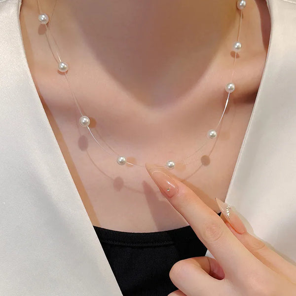 S925 Silver Choker Necklace Women's Fashion Pearl Simulation Starry Sky Mermaid Line Pendant Neck Chain Elegant Trendy