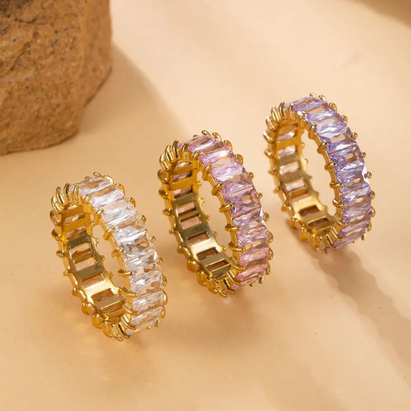Unisex Square Titanium Steel Ring with 18K Real Gold Plated PVD Coating and Rhinestone Inlay